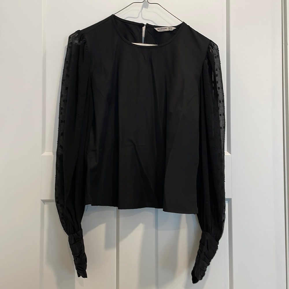 Stradivarius black shell top with sheer sleeves and button detail cuff